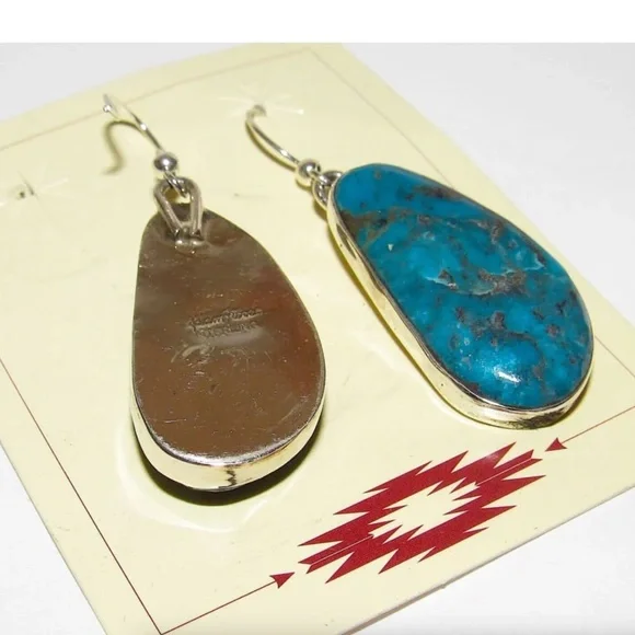 Navajo Morenci Turquoise Dangle Earrings Sterling Adam Fierro